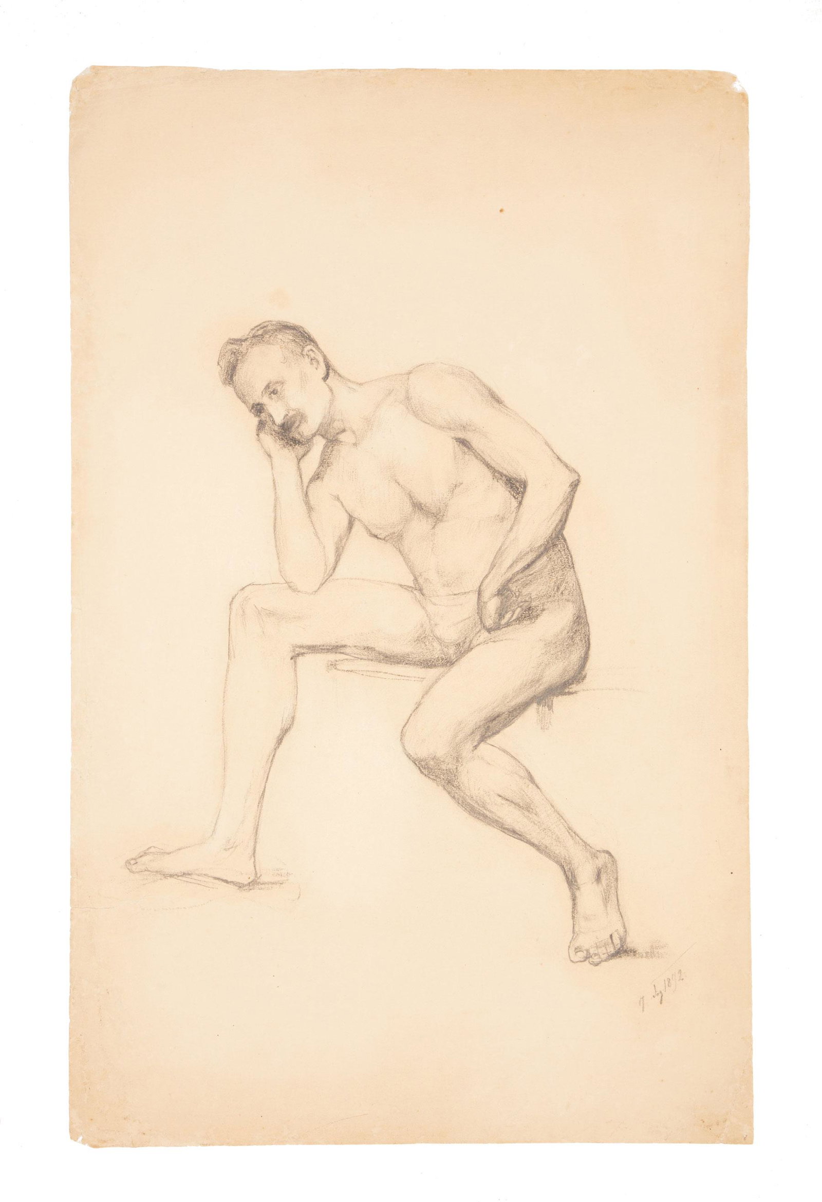 Victoria Mörs (German, 1858-1957): Victoria Mörs (German, 1858-1957), "Nude Study", 1892, graphite on paper, unsigned, dated lower right, partial sketch en verso, 21 1/4 in. x 13 1/2 in., unframed Provenance: Property of the Mobil
