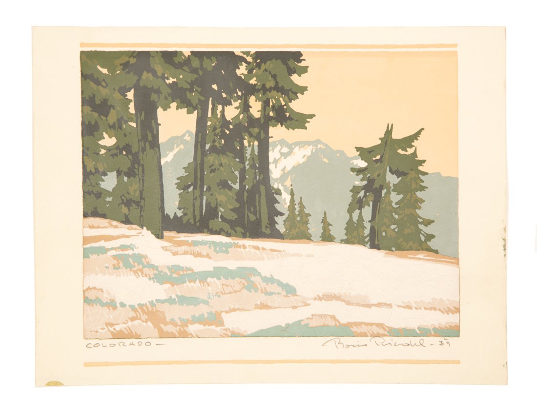 Boris Riedel (American, 20th c.): Boris Riedel (American, 20th c.), "Colorado", 1939, serigraph, pencil-signed, titled and dated lower margin, sheet 7 1/2 in. x 10 in., unframed Provenance: Property of the Mobile Museum of Art, Mobile