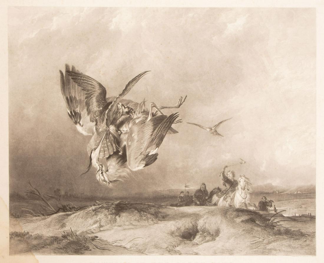 After Edwin Henry Landsee (British, 1802-1873): After Edwin Henry Landseer (British, 1802-1873), "Hawking in the Olden Time", 1842, engraving, published by Henry Graves & Co., London, sheet 29 in. x 34 1/4 in., unframed; together with After Sir Joh