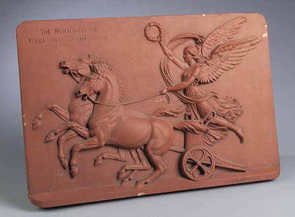 Terra Cotta Company Bas Relief Plaque: A Northwestern Terra Cotta Company Terracotta Bas Relief Plaque of "The Chariot of Fame" , 1897, Chicago, signed "F. Almenracher" (b. 1832), finished in "Etruscan red" slip, height 15 5/8 in., length