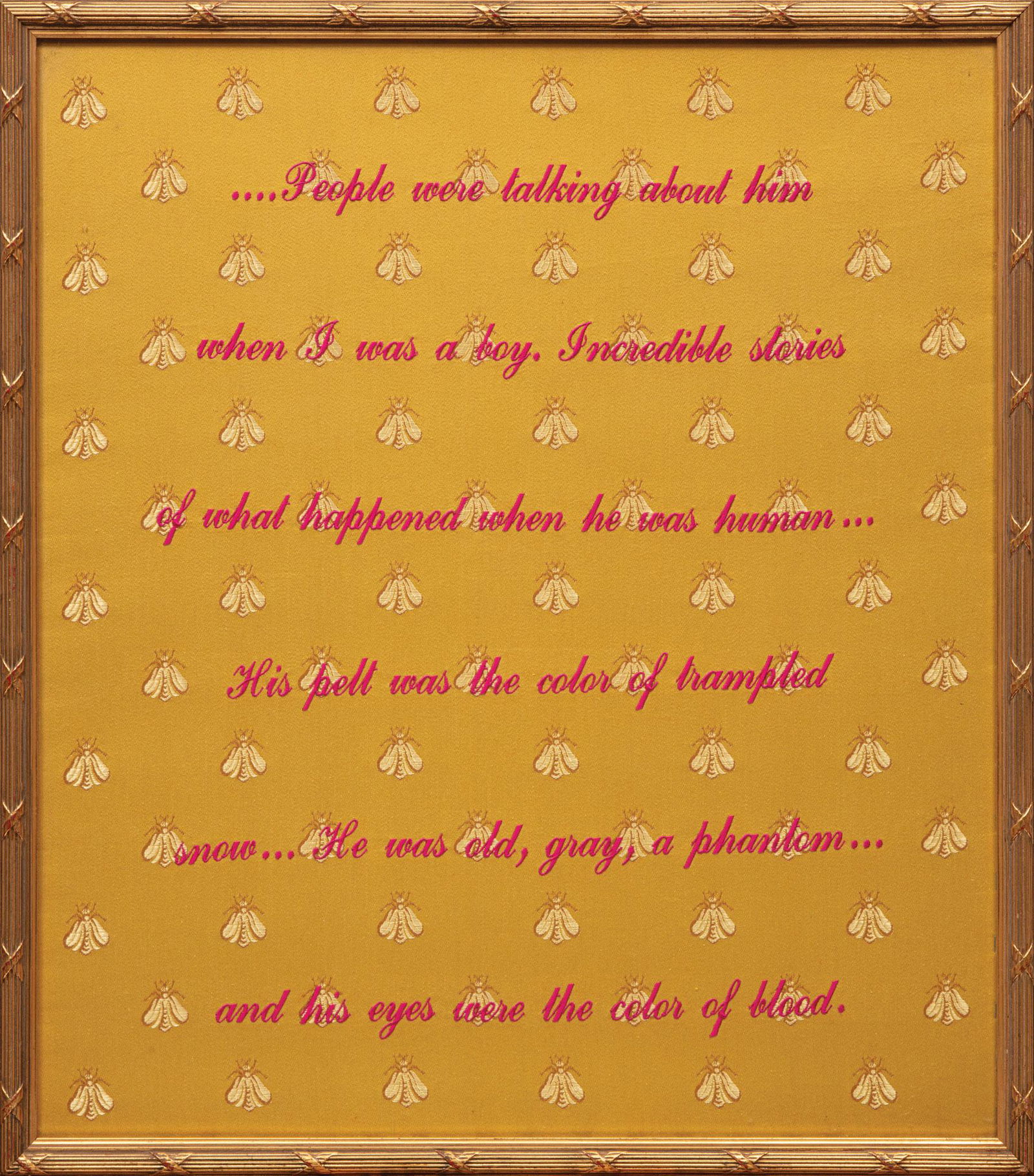 Rob Wynne (American, b. 1950): Rob Wynne (American, b. 1950), "...People Were Talking About Him", embroidered fabric, unsigned, 24 in. x 21 in., framed Provenance: Marguerite Oestreicher Fine Arts, New Orleans, 1993; Estate of Cura