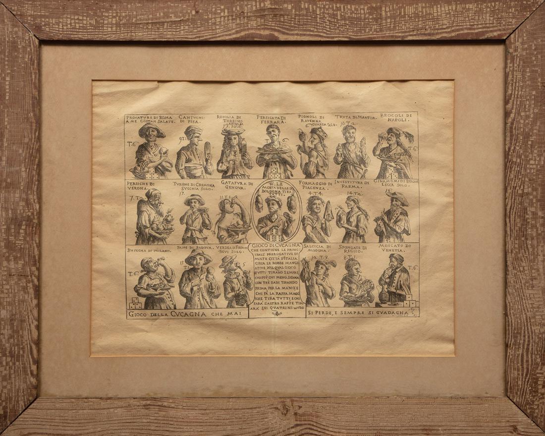 Giuseppe Maria Mitelli (Italian, 1634-1718): Giuseppe Maria Mitelli (Italian, 1634-1718), "Gioco Della Cvcagna Che Mai Si Perde, e Sempre Si Gvadagne", 1691, etching, signed and dated in plate, printed by Mitelli, Bologna, 2 "N Milano" watermark