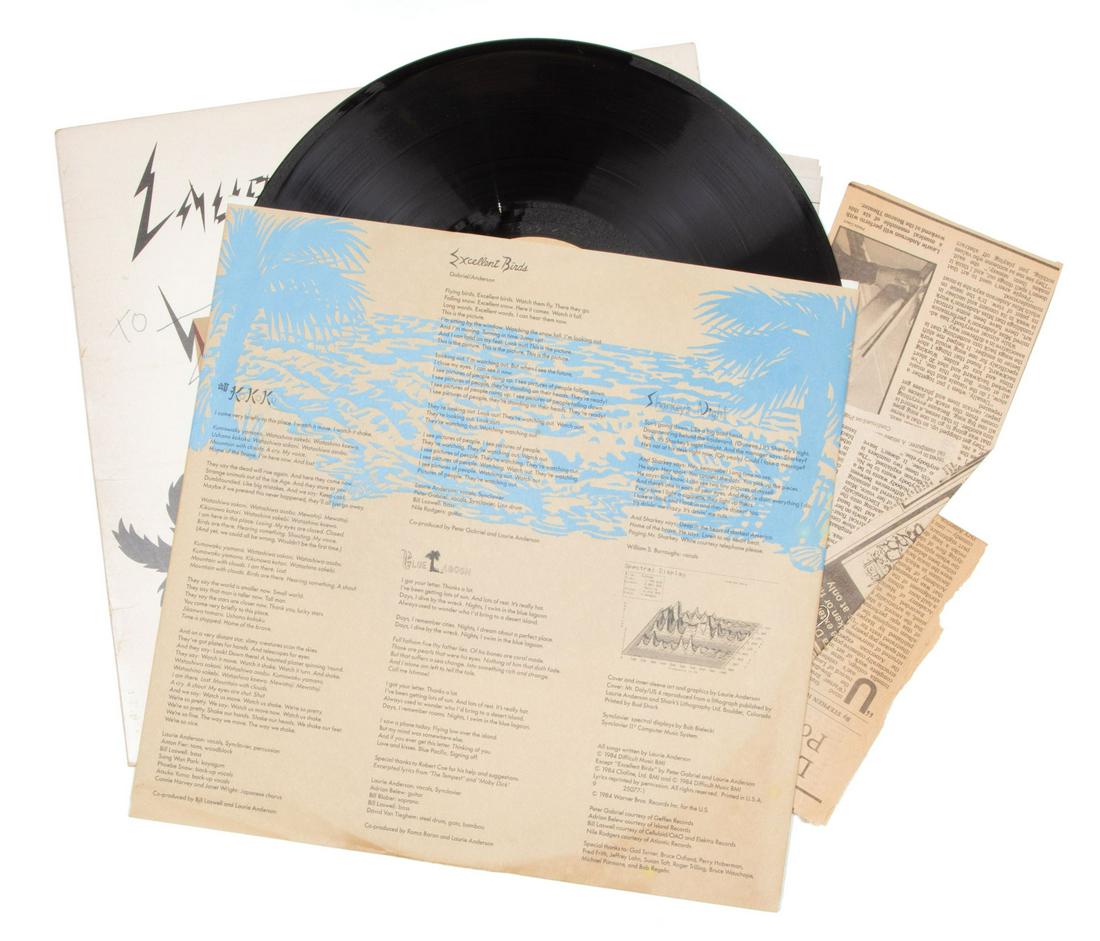 Autographed Copy of Mister Heartbreak Album: Autographed Copy of Mister Heartbreak Album by Laurie Anderson, 1984, signed on front cover, verso with other autographs Provenance: Estate of Curator, Scholar and Collector William "Bill" Fagaly, New