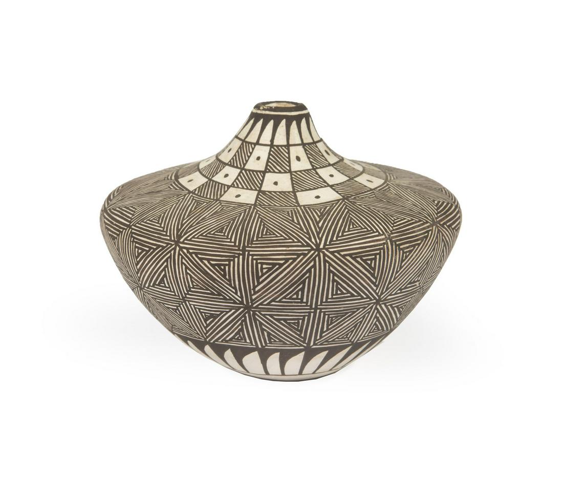 Acoma Painted Pottery Miniature Vase or Pot: Acoma Painted Pottery Miniature Vase or Pot, signed "R. LUCARIO" on base, decorated with geometric fine-line motifs, h. 2 1/2 in Provenance: Mildred Gould "Sunny" Norman, New Orleans, July 2001, as a 