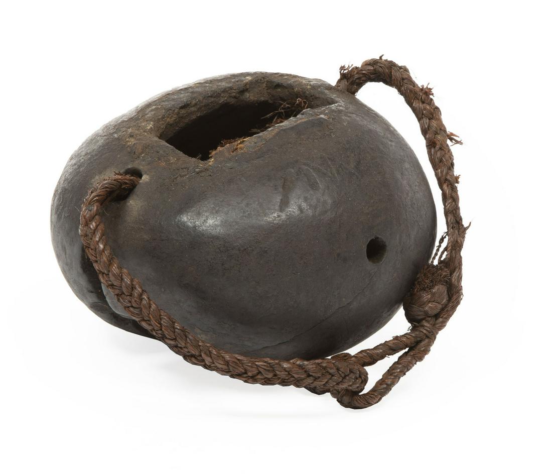 African Kuba Dog Bell: African Kuba Dog Bell, Kasai-Occidentale Province, Democratic Republic of Congo/Zaire, wood, stone, raffia fiber and resin, h. 3 1/2 in., dia. 5 in. Provenance: Davis Gallery of Ethnographic Art, New 