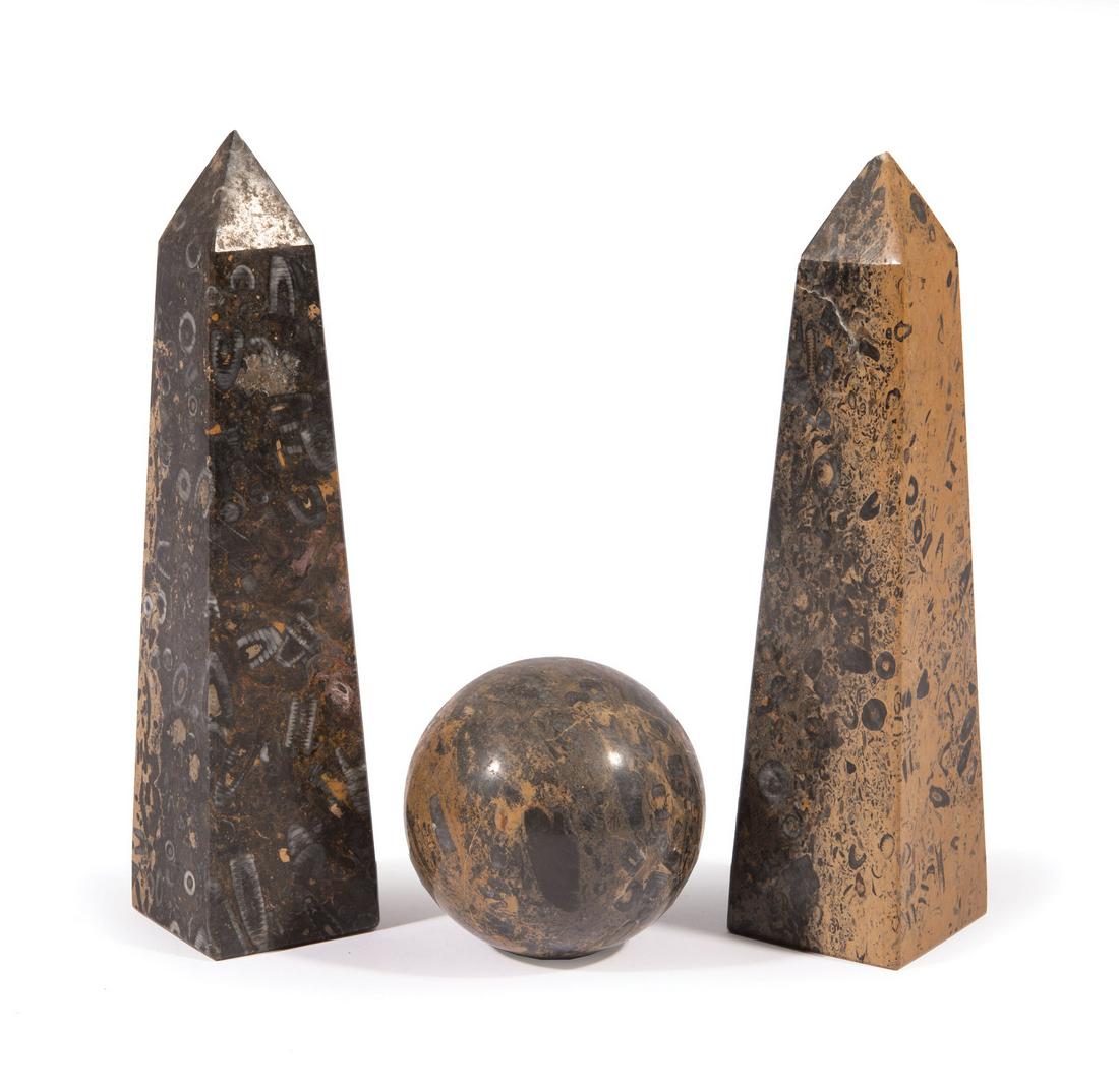 Pair of Fossilized Marble Obelisks and Sphere (1 of 2)