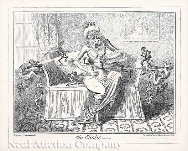 Engravings after George Cruikshank: A Pair of English Engravings of "The Cholic" and "The Headache", late 19th/early 20th c., after George Cruikshank (English, 1792-1878), each inscribed "G. Cruikshank, fec." lower left, each sight 9 in