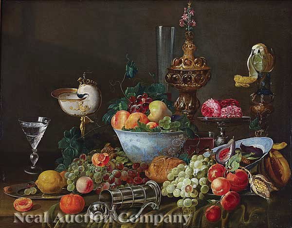 Dutch School, late 18th/early 19th c.: Dutch School, late 18th/early 19th c., "Still Life With Precious Objects", oil on canvas, signed faintly and illegibly, 28 in. x 36 in., in a carved, gessoed, and giltwood frame