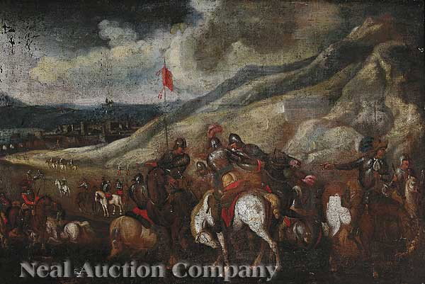 Continental School, late 17th/early 18th c: Continental School, late 17th/early 18th c., "Parlay Before a Battle", oil on canvas, unsigned, 30 3/4 in. x 45 3/4 in., in a later frame