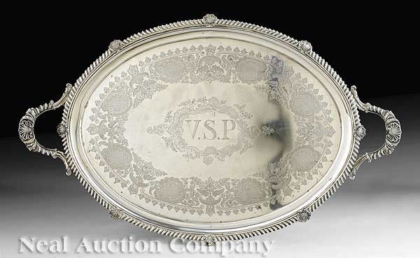 Goldsmiths & Silversmiths Co. Ltd Tea Tray: A Fine English Sterling Silver Tea Tray, Goldsmiths & Silversmiths Co. Ltd., London, 1900, maker's mark reg. 1899, oval with gadroon and shell border and handles, chased well, period monogram "VSP", l