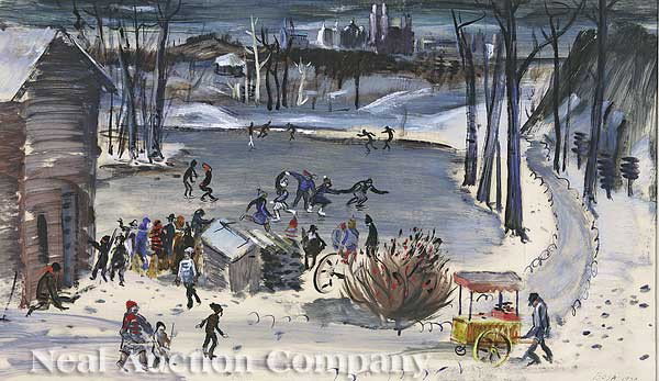 Louis Bosa (American, 1905-1981): Louis Bosa (American, 1905-1981), "Skaters in Central Park West", 1939, gouache on paper, signed and dated lower left