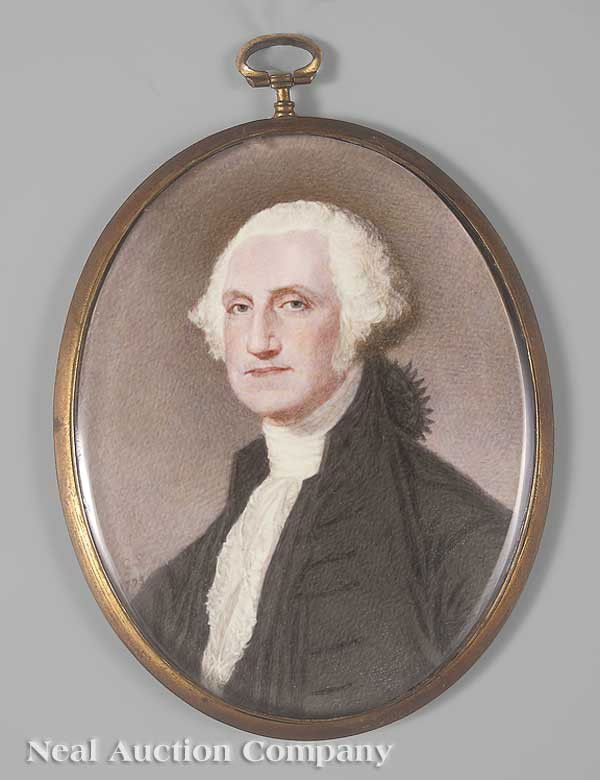 After Gilbert Stuart (American, 1755-1828): After Gilbert Stuart (American, 1755-1828), "George Washington", early-to-mid 19th c., after the Athenaeum portrait, miniature watercolor on ivory, signed "G.S." and dated "1799" lower left, sight 4 1