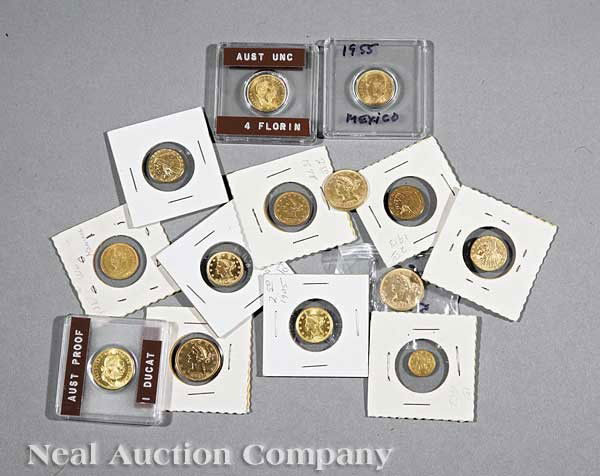 Sixteen American and Foreign Gold Coins: A Group of Sixteen American and Foreign Gold Coins, including three Liberty $5, one Liberty $1, four Liberty $2 1/2, four Indian $2 1/2, one Austrian 4 floren, one Austrian ducat, one Mexican 5 peso a