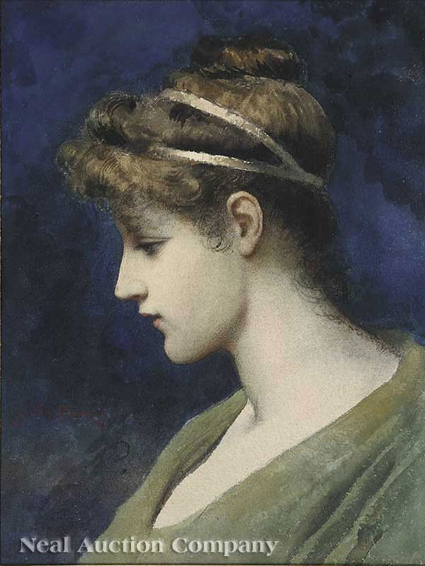 James Wells Champney (American, 1843-1903): James Wells Champney (American, 1843-1903), "Classical Maiden", watercolor on paper, signed center left, 11 1/2 in. x 8 1/2 in., matted and framed