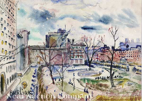 David Davidovich Cherson Burliuk (American/NY): David Davidovich Cherson Burliuk (American/New York, 1882-1967), "Park View", mixed media on paper, signed lower left, Park Row Gallery, Chatham, NY label en verso, sight 10 3/8 in. x 14 1/4 in., attr