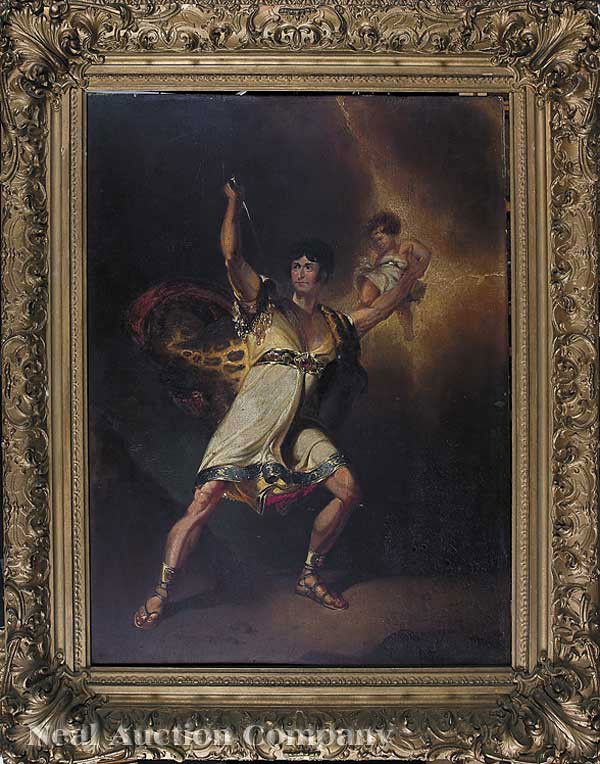 Follower of Benjamin West, R.A. (American, 1783): Follower of Benjamin West, R.A. (American, 1783-1820), "A Scene from Macbeth: Vision of the Child of Banquo" (Act 4, Scene 1)", c. 1840, oil on beveled wood panel, apparently unsigned, "Edward Peele's