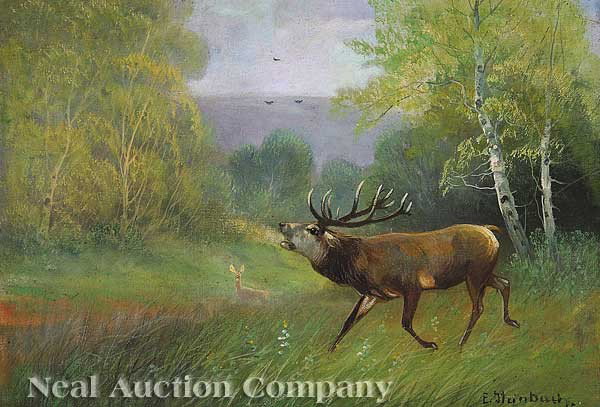 Eduard Steinbach (German, 1878-1939): Eduard Steinbach (German, 1878-1939), "Buck in a Field", oil on canvas, signed lower right, 18 3/4 in. x 25 5/8 in., in a period carved, gessoed and giltwood frame