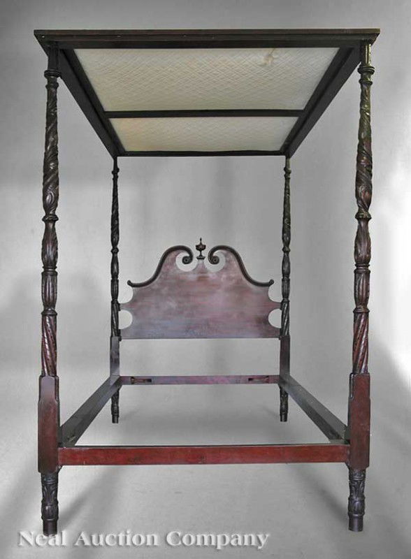 American Carved Mahogany Tester Bed: An American Carved Mahogany Tester Bed, 19th c., acanthus-carved posts, the headboard with swan's neck crest centered by urn finial, molded rails, raised on carved legs, height 94 in., length 74 3/16