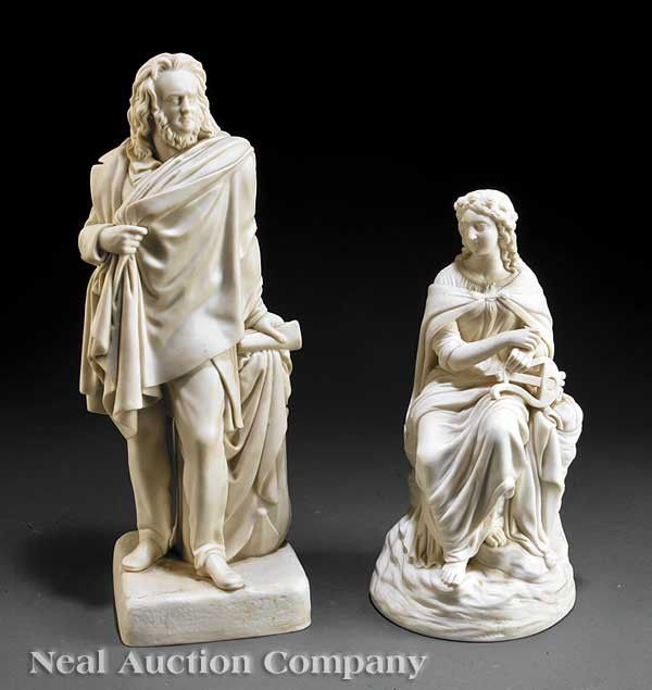 Two Parian Porcelain Figures: Two Parian Porcelain Figures, one by Copeland depicting "Professor John Wilson", c. 1866, marked, the other of a young maiden holding a lyre, height 17 1/2 in. and 13 1/2 in. respectively