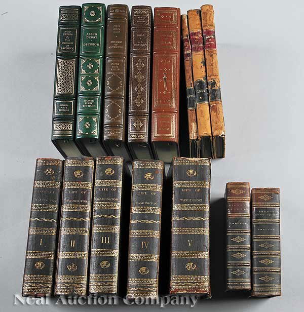 Leather Bindings, John Marshall, Thomas Carlyle: [Leather Bindings], including John Marshall, The Life of Washington, 1804-1807, five volumes, lacking atlas, in full calf; Thomas Carlyle's Works, 1894, twelve volumes, 3/4 leather; six volumes of Act