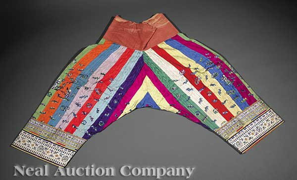 Pair of Chinese Embroidered Silk Trousers: A Pair of Chinese Embroidered Silk Trousers, late 19th/early 20th c., multi-colored pleated silk embroidered with figures in a garden landscape amid numerous flying bats, height 41 in