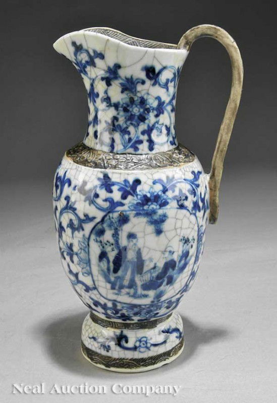 Chinese Blue & White Crackle Glazed Porcelain Ewe: A Chinese Blue and White Crackle Glazed Porcelain Ewer, with allover floral design and cartouches enclosing figures, the neck, body and foot divided by etched brown bands, base with apocryphal Chenghu