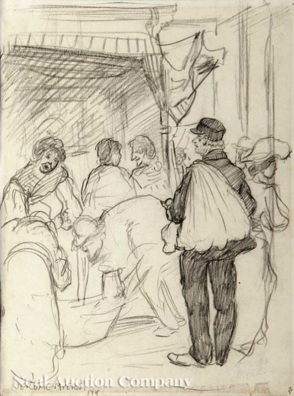 Jerome Myers (American/New York, 1867-1940): Jerome Myers (American/New York, 1867-1940), "Lemon Vendor", pencil on paper, signed and inscribed "NY" lower left, with a seahorse monogram lower right, signed, titled, inscribed and numbered "234" e