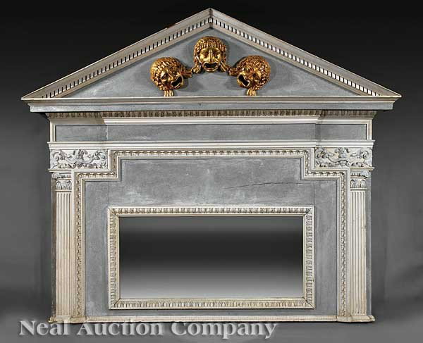 Painted Wood and Plaster Overmantel: A Painted Wood and Plaster Overmantel, 19th c., of architectonic form, pedimented top centered by three Greek masques, stepped frieze above rectangular mirror plate with molded surround flanked by eng