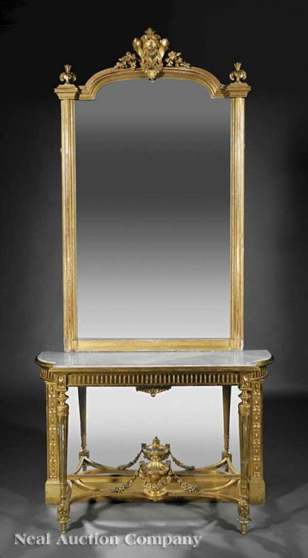 Louis XVI-Style Giltwood Console and Mirror: An Antique Louis XVI-Style Giltwood Console and Mirror, 19th c., arched beaded mirror surmounted by a cartouche with floral swags, molded frame and conforming base, console with inset shaped marble to
