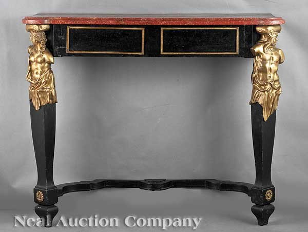 Pair Ebonized and Gilt Bronze Consoles: A Pair of Neoclassical-Style Ebonized and Gilt Bronze Consoles, late 19th/early 20th c., faux porphyry pine top above a frieze outlined with gilt bronze, mythological bronze term supports, blocks fron