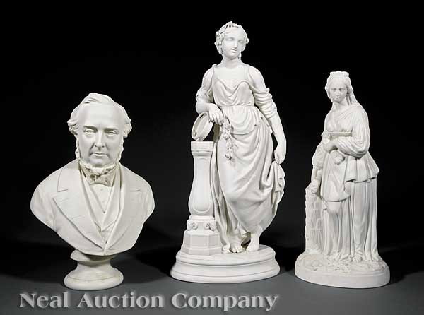 Copeland Parian Bust of a Gentleman: An Antique Copeland Parian Bust of a Gentleman ; together with two Parian figures, one depicting Ruth, the other The Muse of Music, height 12 1/2 in., 14 in., and 17 1/4 in., respectively