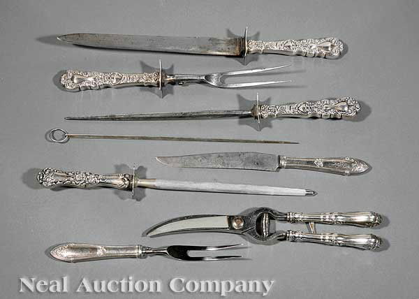Group of Sterling Silver Carving Utensils: A Group of Antique and Vintage Sterling Silver Carving Utensils, including poultry shears, Whiting "Violet" pattern, pat. 1905; a 2 piece carving set, Gorham "Imperial Chrysanthemum" pattern, pat. 189