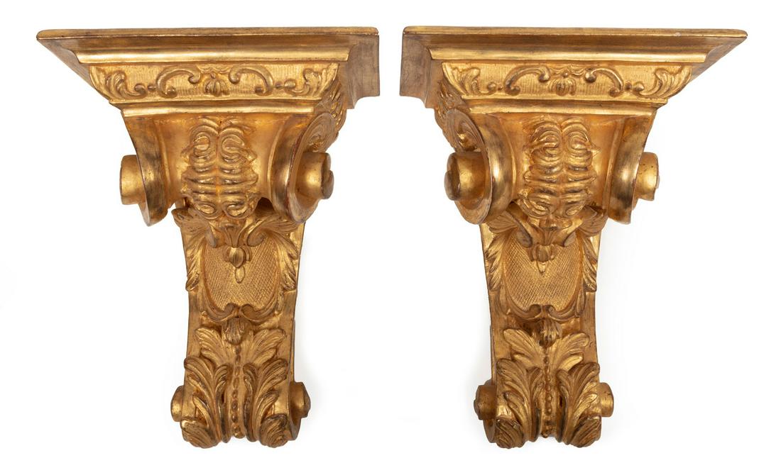 Pair of French Giltwood Brackets: Pair of French Giltwood Brackets, 19th c., scroll and foliate design, h. 8 in., w. 6 1/4 in., d. 4 1/4 in., shelf 4 in. x 5 1/2 in. Provenance: Collection of Alexandra Stafford and Raymond Rathle, Met
