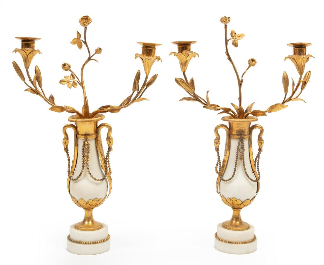 Empire Gilt Bronze and Marble Candelabra: Empire Gilt Bronze and Marble Two-Light Candelabra, 19th c., foliate branches, swan handles, h. 17 1/4 in., w. 11 in., d. 3 1/4 in. Provenance: Collection of Alexandra Stafford and Raymond Rathle, Met