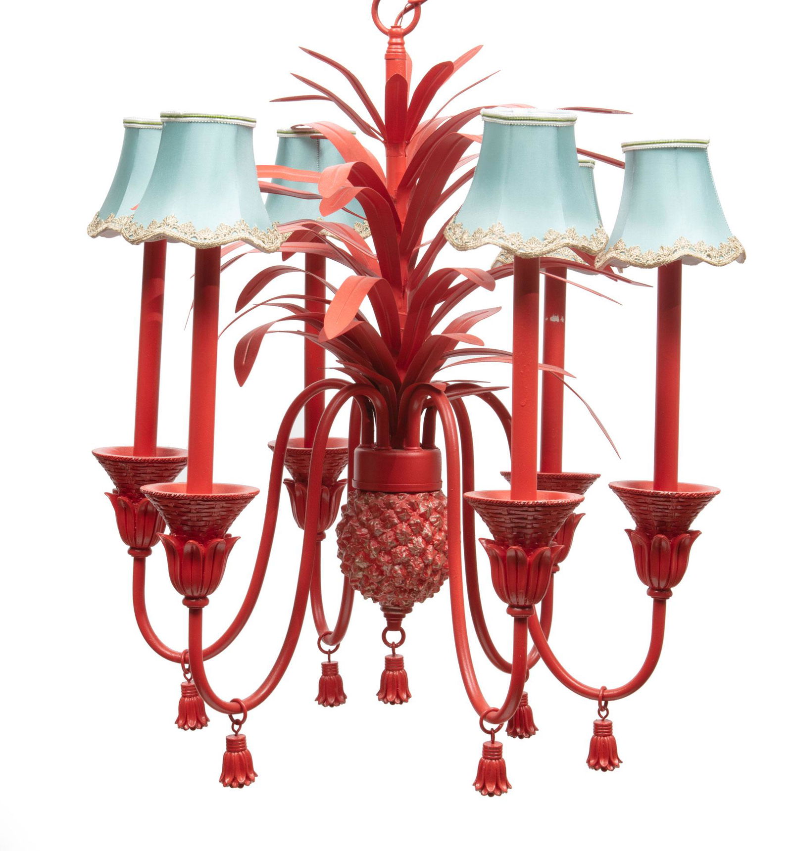 Red-Painted "Pineapple" Six-Light Chandelier (1 of 3)