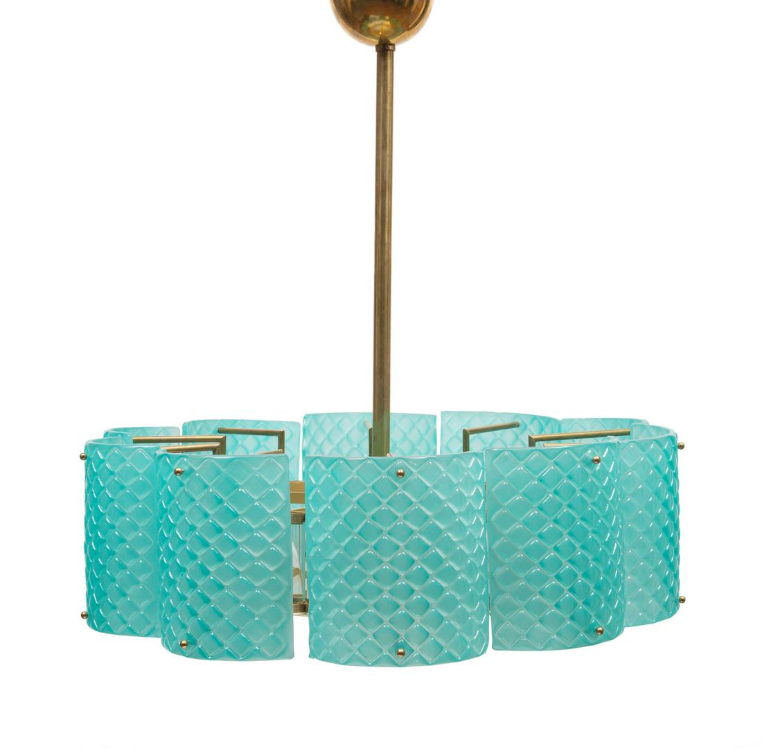 Art Deco-Style Brass and Glass Chandelier: Art Deco-Style Brass and Glass Chandelier, late 20th c., curved and fishscale outer blue glass, inner ring of clear glass, fitted with five lights, h. 29 in., dia. 31 in. Provenance: Cornstalk Fence H