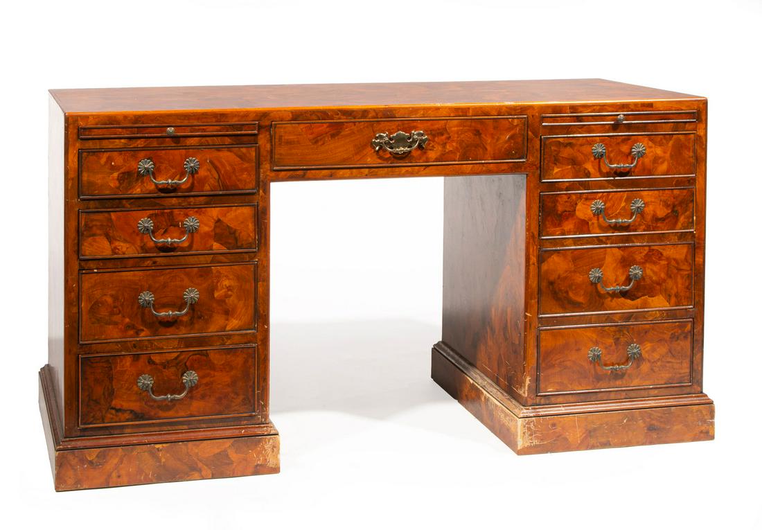 Oyster Veneer Pedestal Desk: Antique Queen Anne-Style Oyster Veneer Pedestal Desk, frieze drawer, writing slides, pedestals with four graduated drawers, plinth base, h. 30 in., w. 55 in., d. 24 1/2 in.