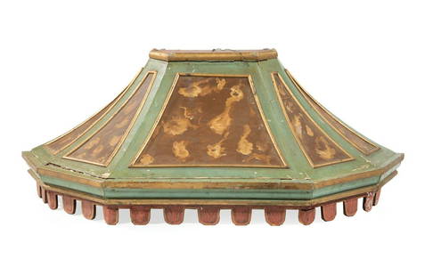 Parcel Gilt and Polychrome-Painted Valance: Continental Parcel Gilt and Polychrome-Painted Valance, paneled sloped body, dentilated apron, h. 20 1/2 in., w. 55 in., d. 22 1/2 in. Provenance: Estate of Highly Acclaimed New Orleans Artist,