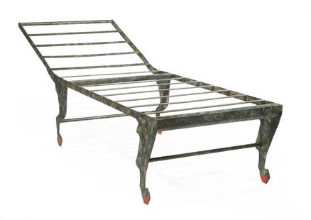 Mario Villa Patinated Metal Lounge Chair: Mario Villa (Nicaraguan/New Orleans, 1953-2021) Patinated Metal Lounge Chair, slatted back and seat, shaped legs, h. 29 1/2 in., w. 81 in., d. 30 in. Provenance: Estate of Highly Acclaimed New