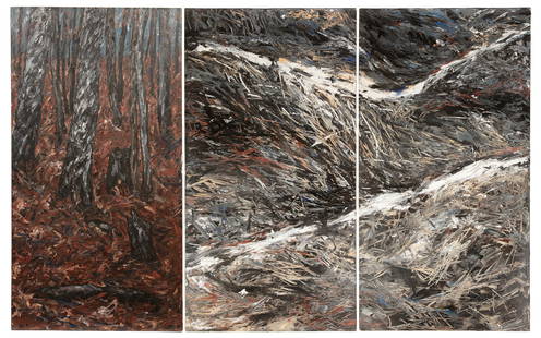 Paula Roland (American/New Orleans, b. 1949): Paula Roland (American/New Orleans, b. 1949), "Nexus", 1985, acrylic on canvas triptych, unsigned, from Forest Series, overall 83 in. x 132 in., unframed. (3 pcs.). Provenance: Estate of Highly