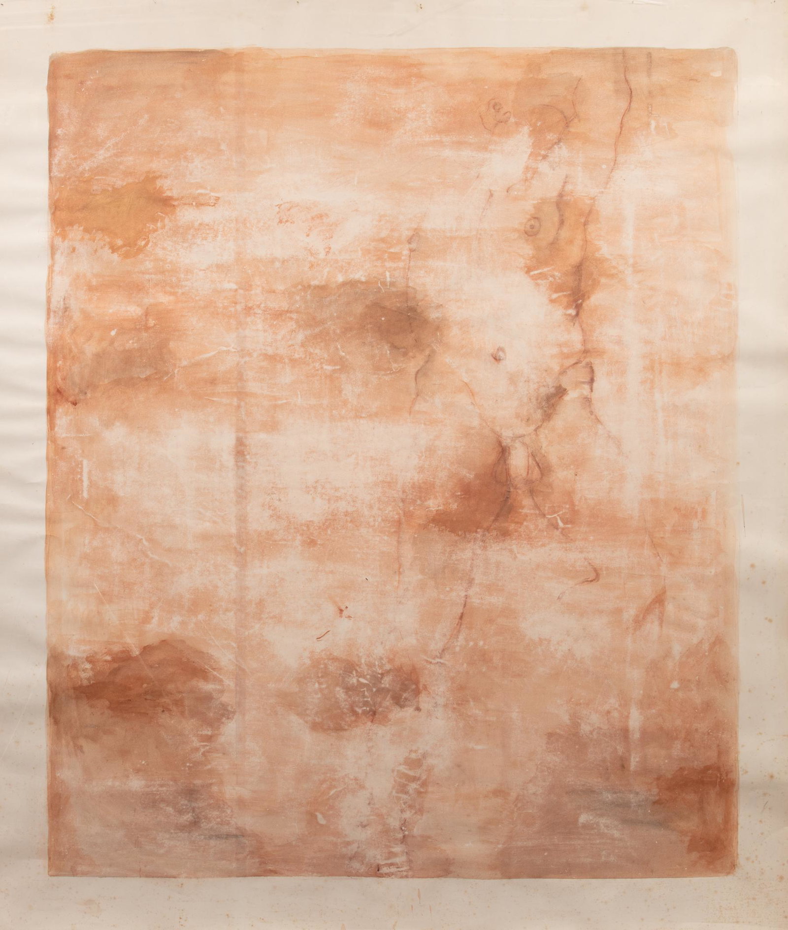 American School, 20th c: American School, 20th c., "Nude Male Figure", mixed media on paper, unsigned, 78 3/4 in. x 67 1/2 in., framed. Provenance: Estate of Highly Acclaimed New Orleans Artist, Furniture Maker, Designer, and
