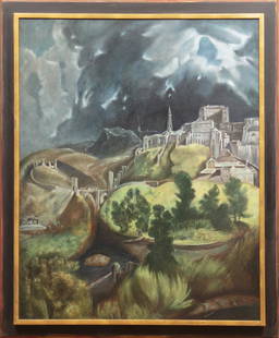 After El Greco (Greek, 1541-1614): After El Greco (Greek, 1541-1614), "View of Toeledo", oil on canvas, unsigned, 50 in. x 40 in., framed. Provenance: Estate of Highly Acclaimed New Orleans Artist, Furniture Maker, Designer, and