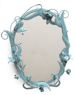 Decorative Painted Metal Frame Oval Mirror: Decorative Painted Metal Frame Oval Mirror, lily and vine surround, h. 23 in., w. 17 in. Provenance: Estate of Highly Acclaimed New Orleans Artist, Furniture Maker, Designer, and Collector Mario