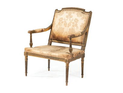 Antique Louis XVI-Style Giltwood Fauteuil: Antique Louis XVI-Style Giltwood Fauteuil, cartouche seat back, scrolled arms, stop-fluted tapered legs, h. 29 1/2 in., w. 23 1/2 in., d. 14 1/2 in. Provenance: Estate of Highly Acclaimed New Orleans