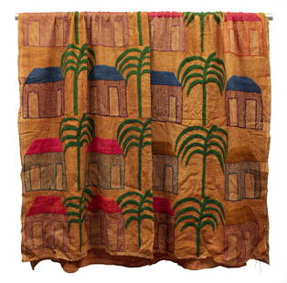 Central or South American Decorative Textile: Central or South American Decorative Textile, cotton, house and palm design, 92 in. x 64 in. Provenance: Estate of Highly Acclaimed New Orleans Artist, Furniture Maker, Designer, and Collector Mario