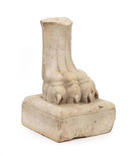 Continental Carved Marble Paw Foot: Continental Carved Marble Paw Foot, 19th c., plinth base, h. 15 in., w. 9 in., d. 9 in. Provenance: Estate of Highly Acclaimed New Orleans Artist, Furniture Maker, Designer, and Collector Mario