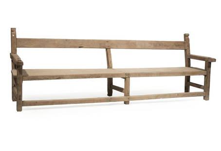 Antique Spanish Colonial Mixed Woods Bench: Antique Spanish Colonial Mixed Woods Bench, scrolled uprights, stretchered base, h. 38 in., w. 116 in., d. 25 in. Provenance: Estate of Highly Acclaimed New Orleans Artist, Furniture Maker, Designer,