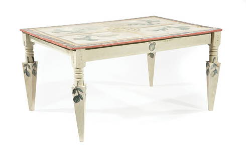 Mario Villa Polychrome Painted Antique Table: Mario Villa (Nicaraguan/New Orleans, 1953-2021) Polychrome Painted Antique Table, decorated with foliate sprigs centered by an "MV" monogram reserve, turnedand tapered legs, h. 30 in., w. 60 in., d.