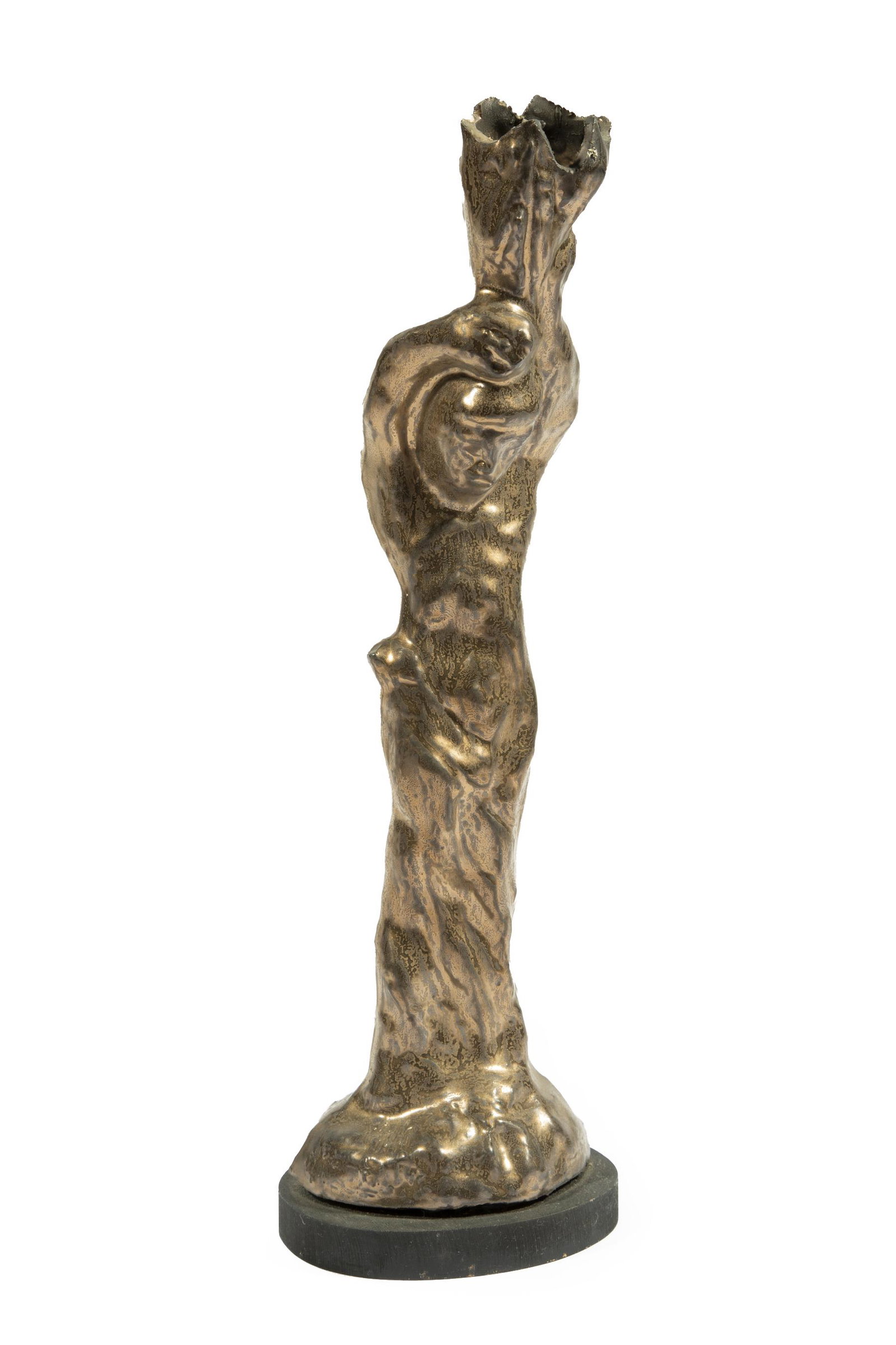 Mario Villa Glazed Pottery Figural Candle Holder: Mario Villa (Nicaraguan/New Orleans, 1953-2021) Glazed Pottery Figural Candle Holder, modeled as standing male nude holding torch aloft, signed "Villa", wood stand, overall h. 17 1/2 in. Provenance: E