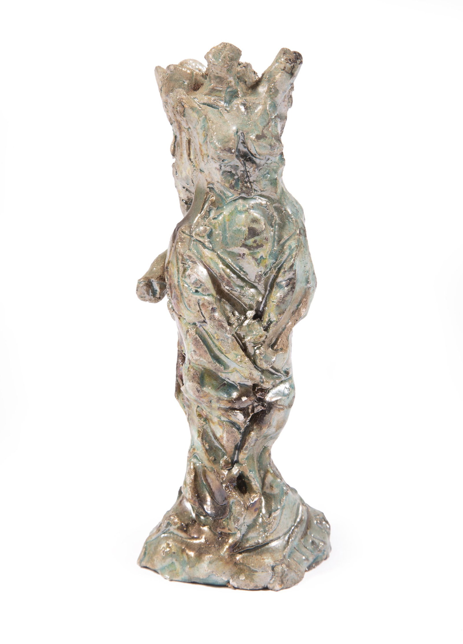 Mario Villa Glazed Pottery Figural Candle Holder: Mario Villa (Nicaraguan/New Orleans, 1953-2021) Glazed Pottery Figural Candle Holder, modeled as a nude female carrying an open flower on her back, signed and illegibly dated, possibly "80", h. 6 3/4 